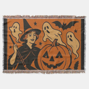 Vintage, klassische Halloween-Hexe, Geist & Kürbis Decke
