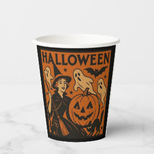 Vintage, klassische Halloween-Hexe, Geist & Kürbis Pappbecher