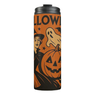 Vintage, klassische Halloween-Hexe, Geist & Kürbis Thermosbecher