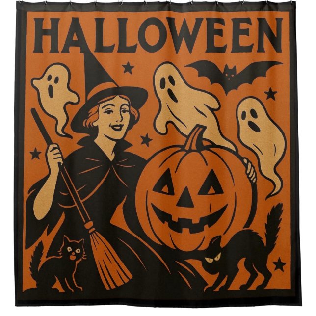 Vintage, klassische Halloween-Hexe, Gespenst & Kür Duschvorhang (Vorderseite)