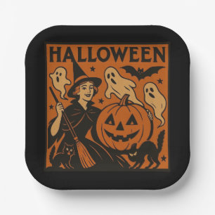 Vintage, klassische Halloween-Hexe, Gespenst & Kür Pappteller