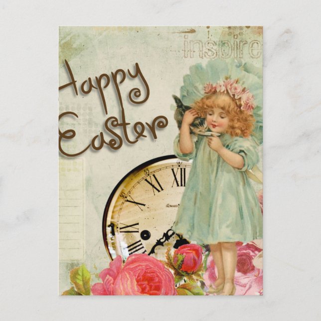 Vintage kleine Girl-Rose Ostern Postkarte (Vorderseite)