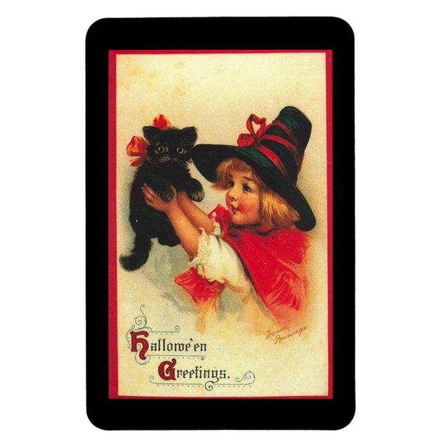 Vintage kleine Hexe mit Kätzchen Magnet (Vertikal)