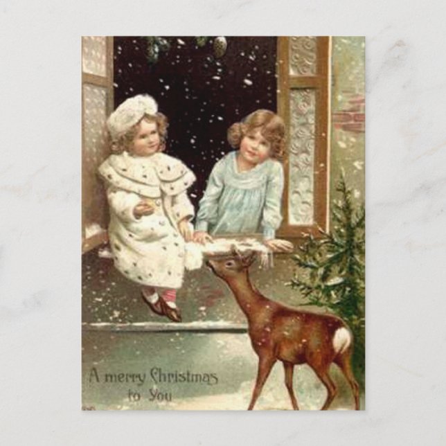 Vintage kleine Mädchen Fütternd Hirschweihnachtsfe Feiertagspostkarte (Vorderseite)