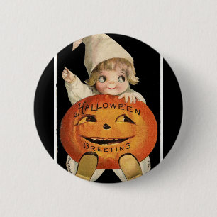 Vintage kleines Mädchen großer Halloween-Kürbis ru Button