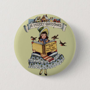 Vintage Kleines Mädchen und Weihnachtsmann Buch Button