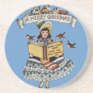 Vintage Kleines Mädchen und Weihnachtsmann Buch Sandstein Untersetzer