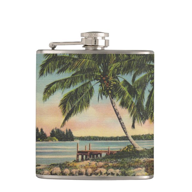 Vintage Kokospalmen Tropischer Sonnenuntergang Flachmann (Vorderseite)