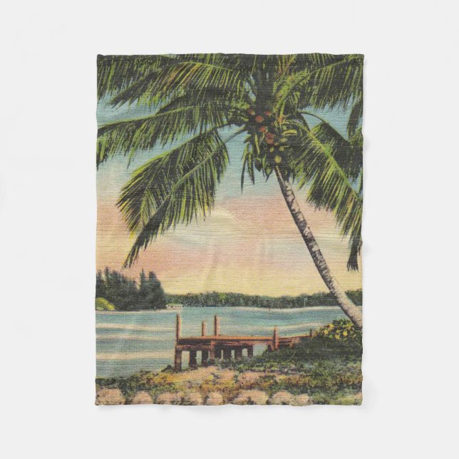 Vintage Kokospalmen Tropischer Sonnenuntergang Fleecedecke (Vorderseite)