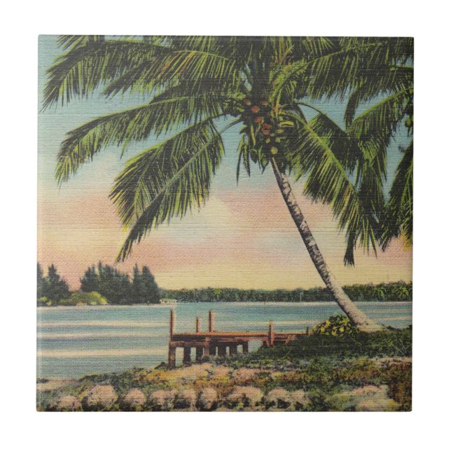 Vintage Kokospalmen Tropischer Sonnenuntergang Fliese (Vorderseite)