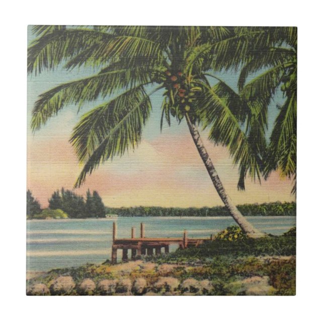 Vintage Kokospalmen Tropischer Sonnenuntergang Fliese (Vorderseite)