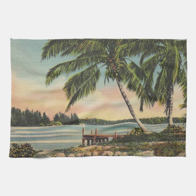 Vintage Kokospalmen Tropischer Sonnenuntergang Küchentuch (Horizontal)