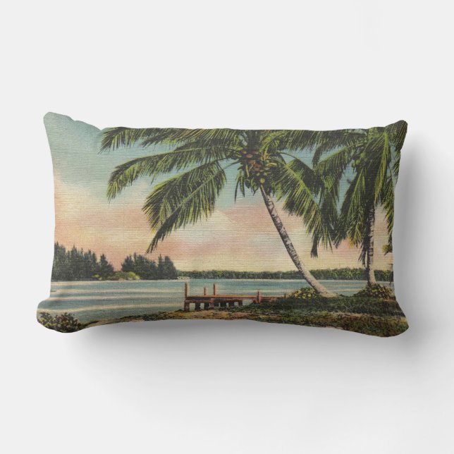 Vintage Kokospalmen Tropischer Sonnenuntergang Lendenkissen (Vorderseite)