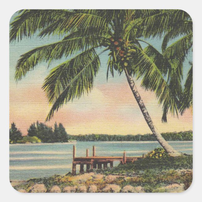 Vintage Kokospalmen Tropischer Sonnenuntergang Quadratischer Aufkleber (Vorderseite)