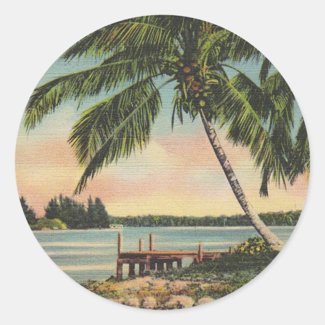 Vintage Kokospalmen Tropischer Sonnenuntergang Runder Aufkleber (Vorderseite)