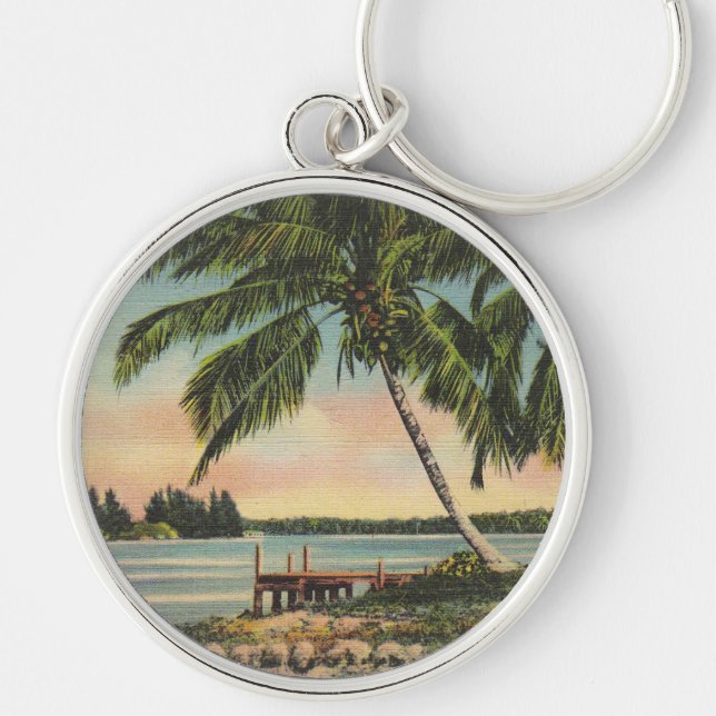 Vintage Kokospalmen Tropischer Sonnenuntergang Schlüsselanhänger (Vorne)
