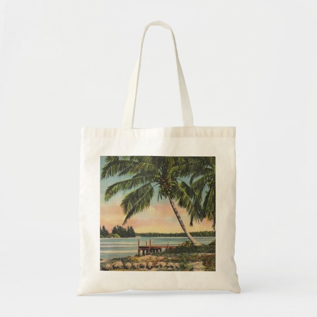 Vintage Kokospalmen Tropischer Sonnenuntergang Tragetasche (Vorne)