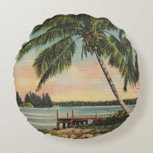 Vintage-Kokospalmenbaum tropische Brise Sonnenunte Rundes Kissen