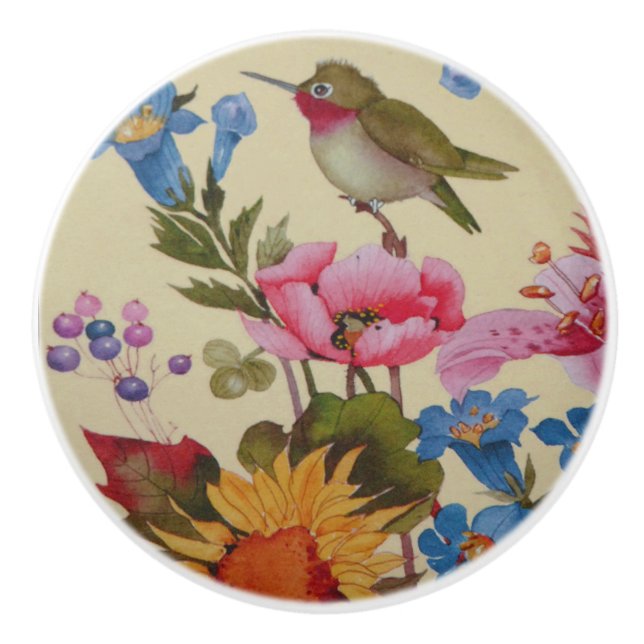 Vintage Kolibri-Freund-wilde Blumen Keramikknauf (Vorderseite)