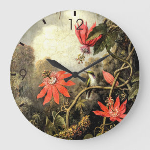 Vintage Kolibri und Passionsblumen Kunst       Große Wanduhr