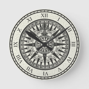 Vintage Kompassrose Sonne Runde Wanduhr