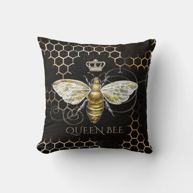 Vintage Königin Bee Royal Crown Black Kissen (Vorderseite)