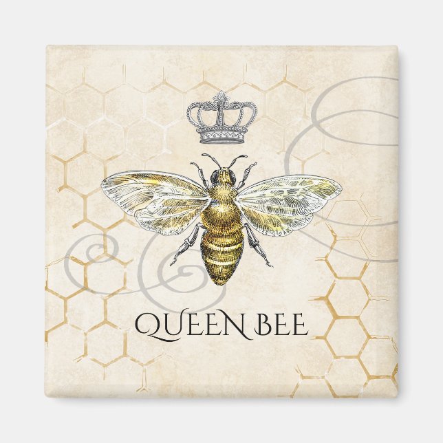 Vintage Königin Bee Royal Crown Honeycomb Beige Magnet (Vorne)