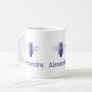 Vintage Königin Biene Zeichnung in Blau Kaffeetasse