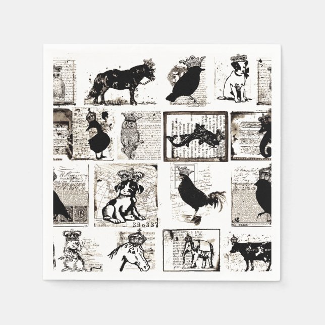 Vintage königliche Tiere in Schwarz und Weiß Serviette (Vorderseite)