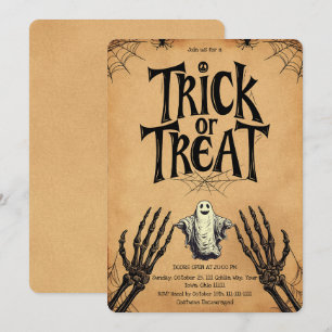 Vintage Kraft Trick or Treat Gespenst Skelett Einladung