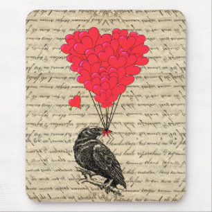 Vintage-Krähe und herzförmige Luftballons Mousepad