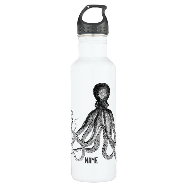 Vintage Krake, Schwarzweiss, Edelstahlflasche (Vorderseite)