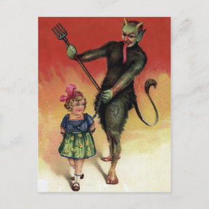 Vintage Krampus mit Mädchen Postkarte