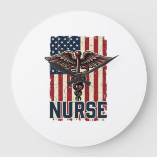 Vintage-Krankenschwester-Flagge Caduceus Rückseite Große Wanduhr