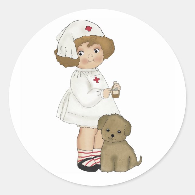 Vintage Krankenschwester mit Welpengeschenken und  Runder Aufkleber (Vorderseite)