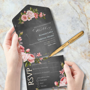 Vintage-Kreidetafel-Boho-Floral-Hochzeit All In One Einladung