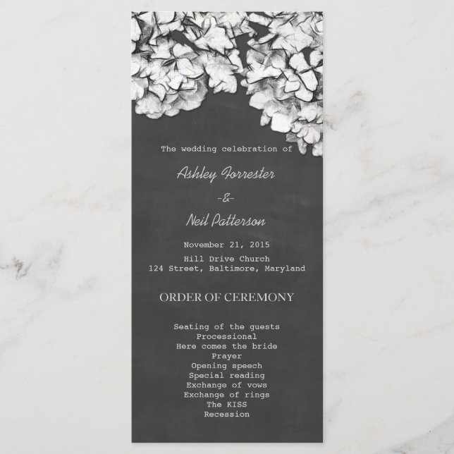 Vintage-Kreidetafel-Hortensien-Hochzeitsprogramm Programm (Vorderseite)