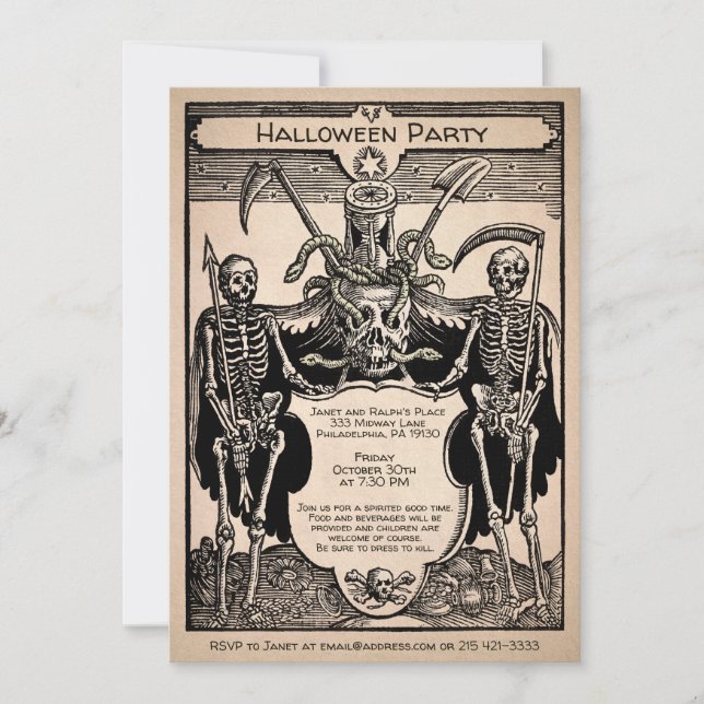 Vintage, kreolische Einladung zum Skelett (Vorderseite)