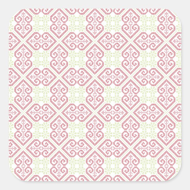 Vintage Kreuzstickerherzen Quadratischer Aufkleber (Vorderseite)