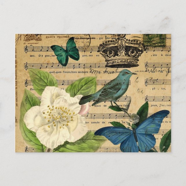 Vintage Kronvogelvögel Musiknoten französisch bota Postkarte (Vorderseite)