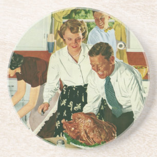 Vintage-Küche mit Familie beim Thanksgiving-Essen Getränkeuntersetzer