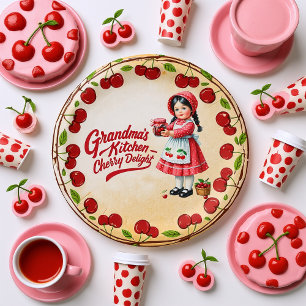 Vintage-Küchenmädchen mit Kirschen - Omas Freude Pappteller
