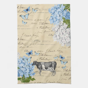 Vintage Kuh Blau Blumen Postkarte Teetuch Geschirrtuch