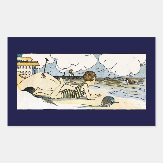Vintage Kunst am Strand für Kinder Rechteckiger Aufkleber (Vorderseite)