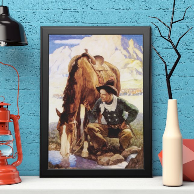 Vintage Kunst, Cowboy Watering Seines Pferdes durc Poster (Von Creator hochgeladen)
