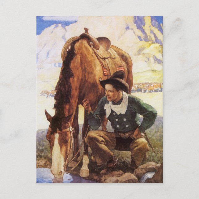 Vintage Kunst, Cowboy Watering Seines Pferdes durc Postkarte (Vorderseite)