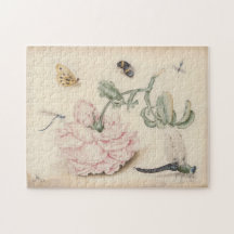 Vintage Kunst mit einer blassrosa Rose und Insekte