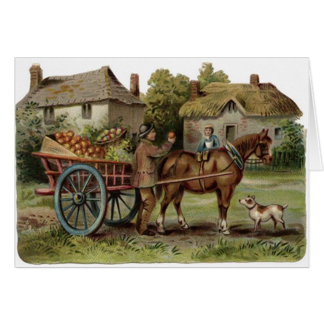 Vintage Kunst - Pferd-Gezeichneter Apple-Wagen, (Vorderseite (Horizontal))