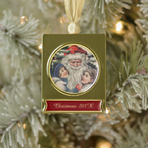 Vintage-Kunst-Santa und Kinder Banner-Ornament Gold
