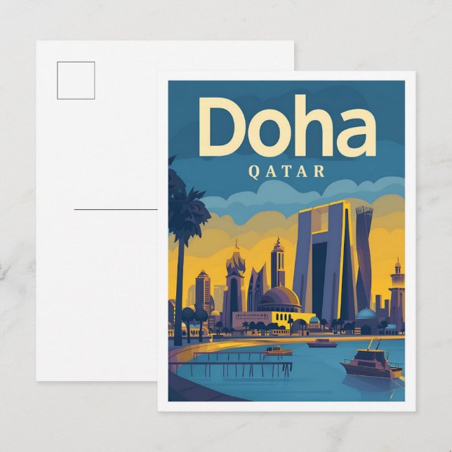 Vintage Kunstreise Doha Katar - Illustration Postkarte (Vorne/Hinten)